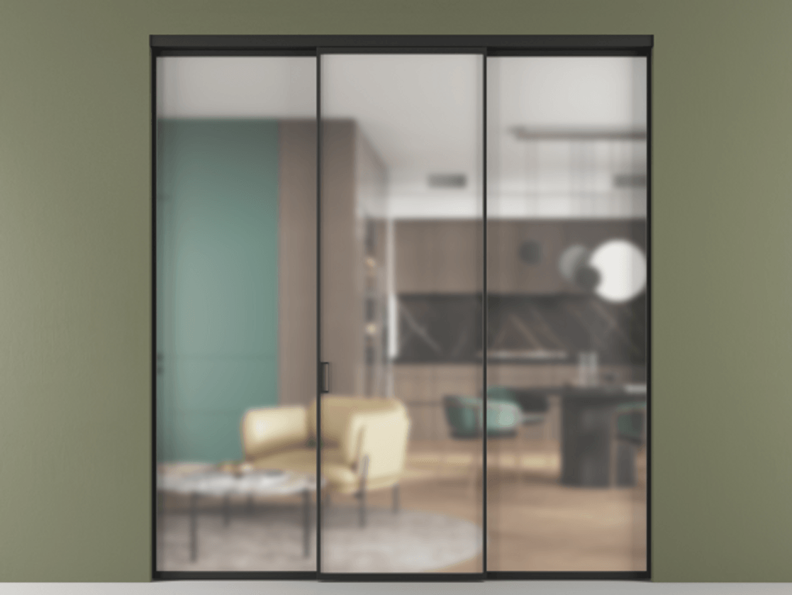 Перегородка Формато внутри проёма 3 створки АЛПР 040.01 Алюминий Черный Сатинированное стекло "Мателюкс Кристал Вижн", калёное, матовое, каленое 6 мм Цена 269960 ₽ | Volhovec