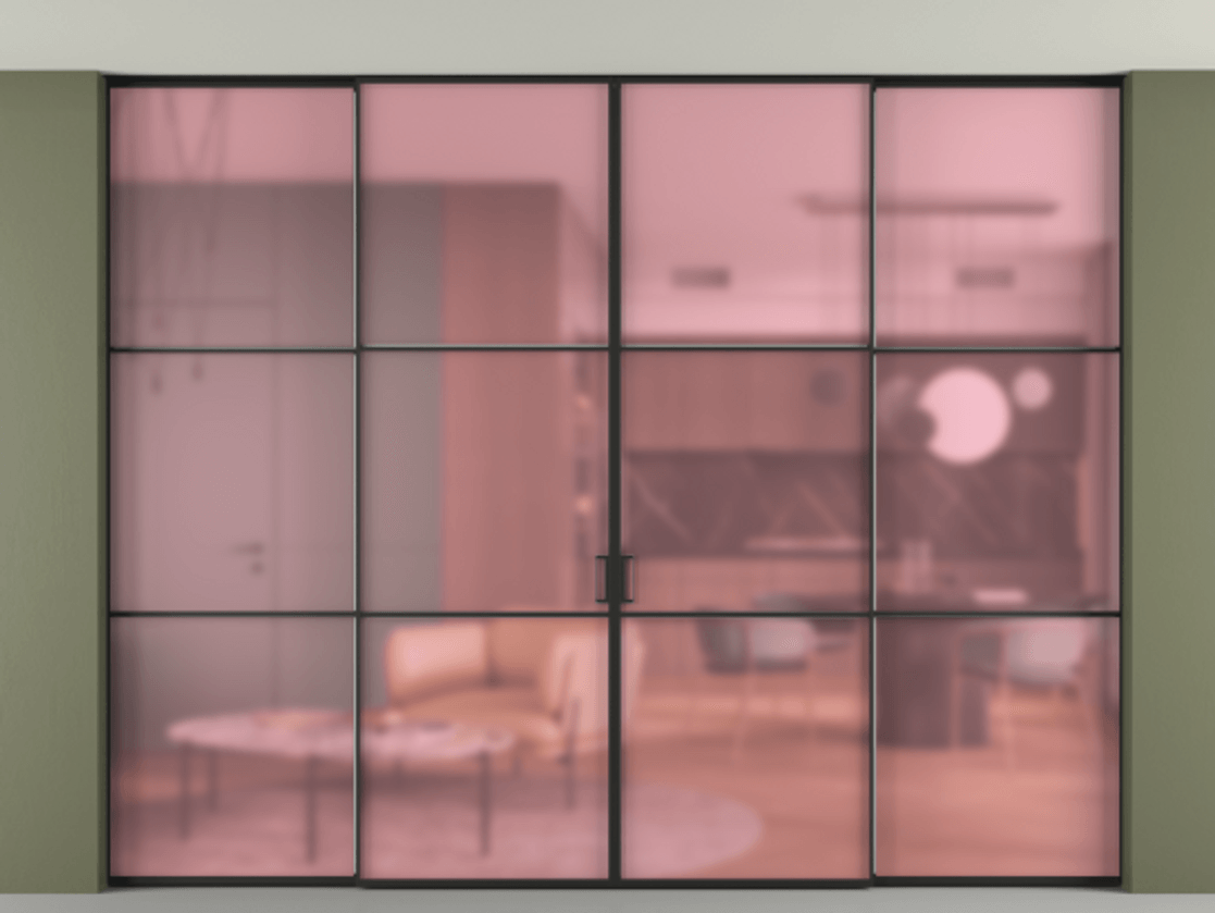 Перегородка Формато внутри проёма скрытое крепление в потолок 4 створки АЛПР 040.03 Алюминий Черный Сатинированное розовое стекло, триплекс Цена 444380 ₽ | Volhovec