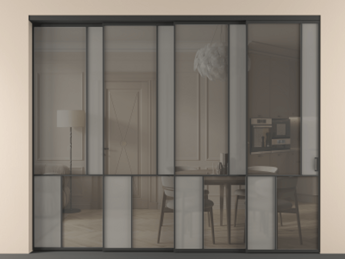 Перегородка Мозаик внутри проёма 4 створки с синхронным механизмом АЛПР 041.21 Алюминий Черный Сатинированное серое стекло, триплекс, 6 мм + Прозрачное серое стекло, триплекс Цена 560060 ₽ | Volhovec