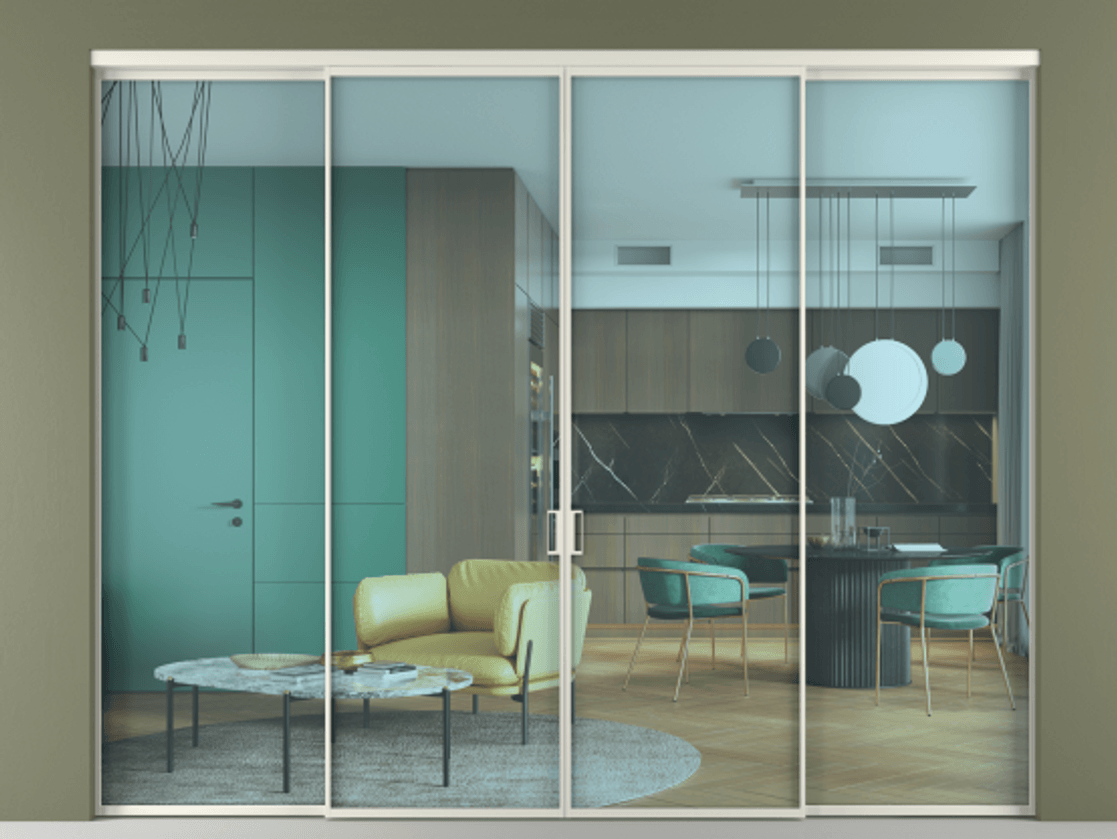 Перегородка Формато внутри проёма 4 створки АЛПР 040.01 Алюминий Белый Прозрачное голубое стекло, триплекс Цена 307360 ₽  | Volhovec