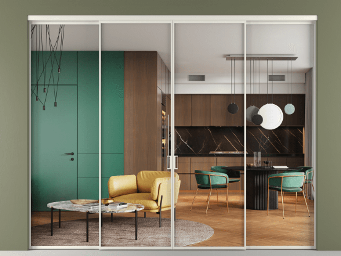 Перегородка Формато внутри проёма 4 створки АЛПР 040.01 Алюминий Белый Прозрачное стекло "Кристал Вижн", калёное Цена 332960 ₽  | Volhovec