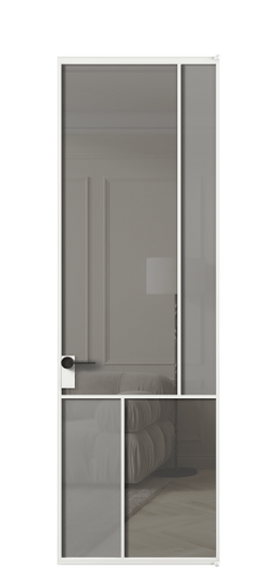 Дверь межкомнатная АЛПЛ041.21 АБЛ Серый сатин матовое + Серый прозрачное. Цвет Алюминий белоснежный. Материал Алюминий в эмали. Коллекция Мозаик. Картинка.