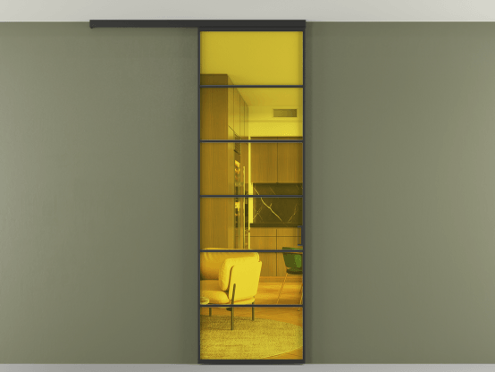 Алюминевая перегородка АЛПР 040.04_ЧРН_ПРОЗ ЖЕЛ_new. Цвет Алюминий Черный. Материал Алюминий. Коллекция Перегородка Формато вдоль стены на потолок 1 створка. Картинка.