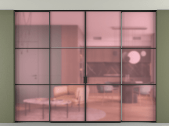 Алюминевая перегородка АЛПР 040.03_ЧРН_САТ РОЗ_new. Цвет Алюминий Черный. Материал Алюминий. Коллекция Перегородка Формато внутри проёма скрытое крепление в потолок 4 створки. Картинка.