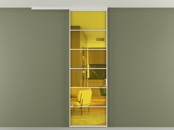 Алюминевая перегородка АЛПР 040.04_БЕЛ_ПРОЗ ЖЕЛ_new. Цвет Алюминий Белый. Материал Алюминий. Коллекция Перегородка Формато вдоль стены на потолок 1 створка. Картинка.